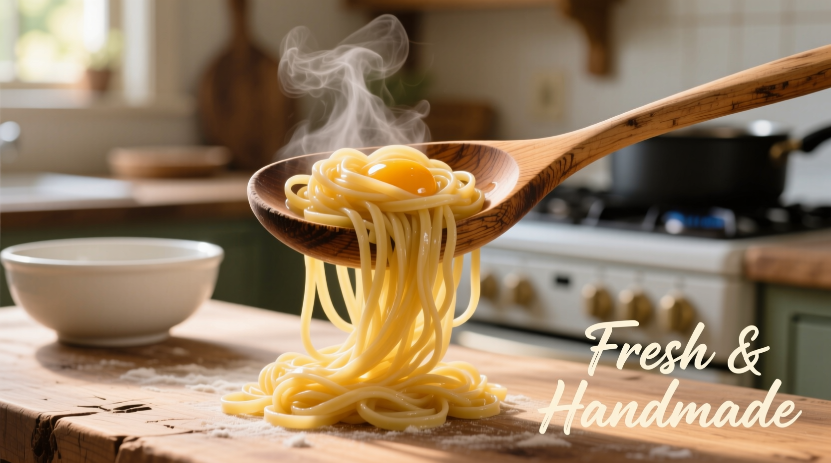 Homemade egg noodles draped over wooden spoon