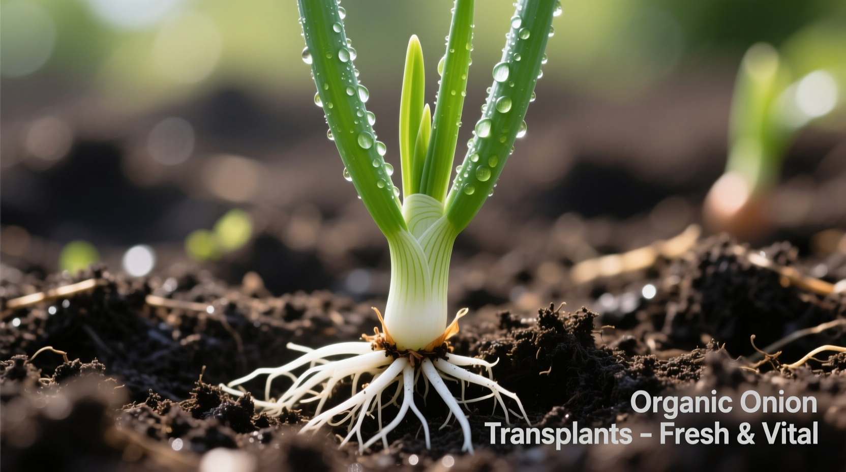 Healthy onion transplants with white roots and green shoots