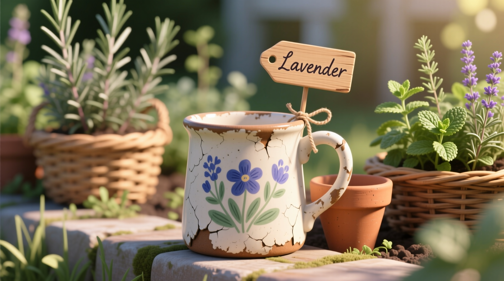 Repurposed craft kit mug as plant marker