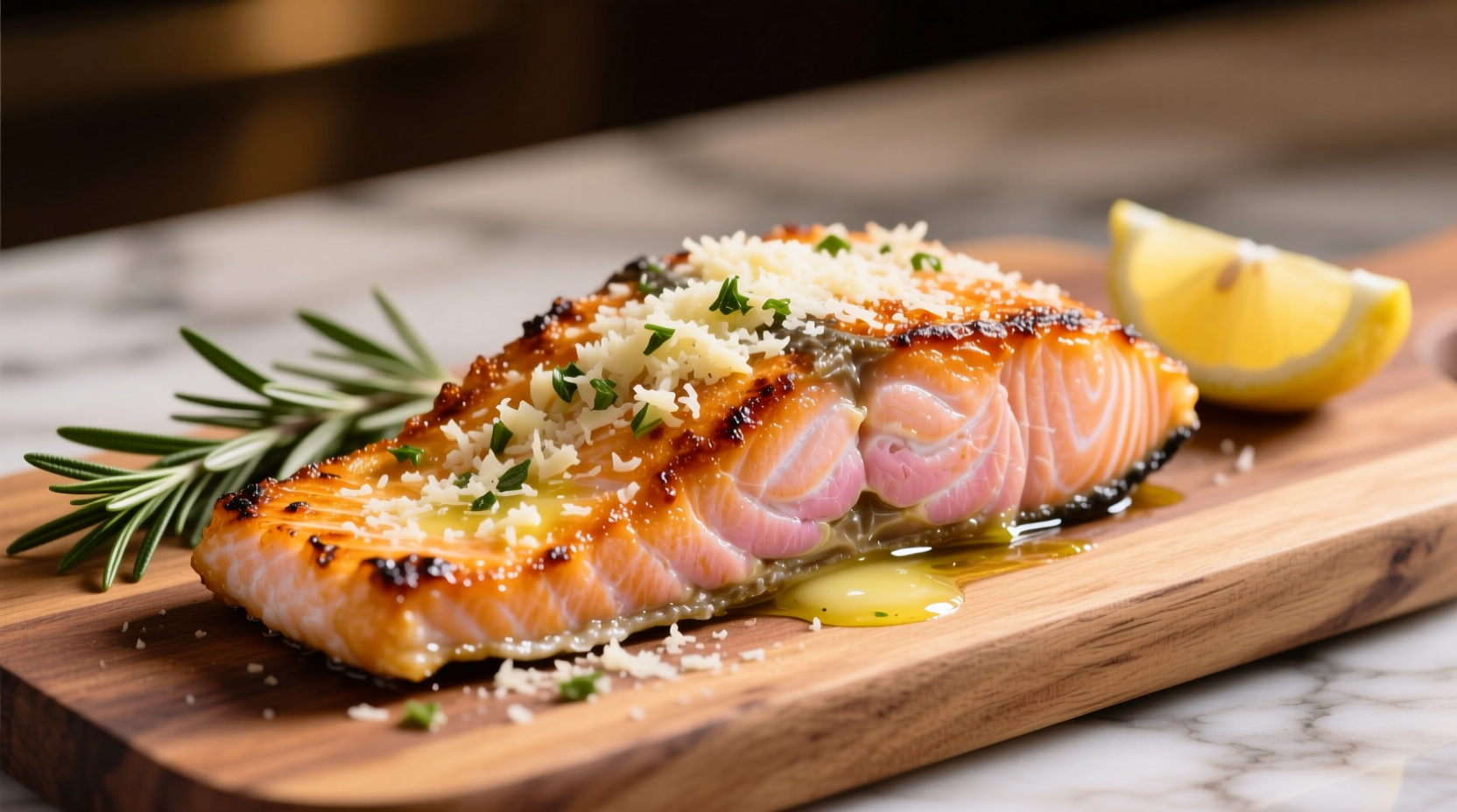Perfectly cooked garlic parmesan salmon with crispy skin