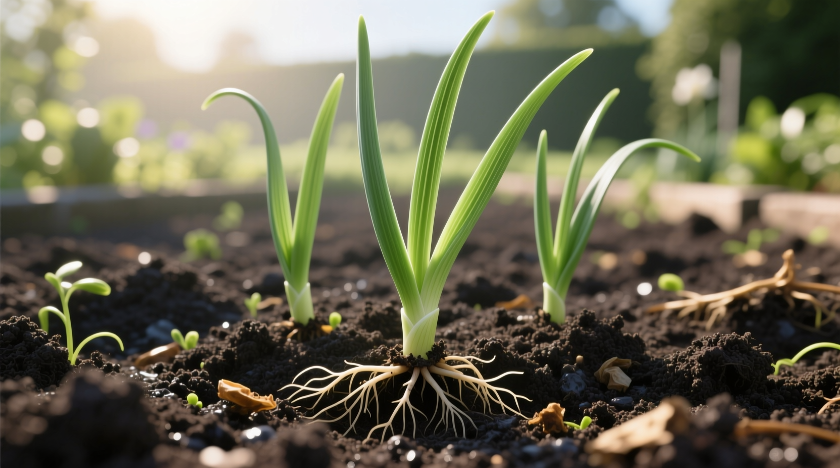 Short day onion plants growing in garden soil