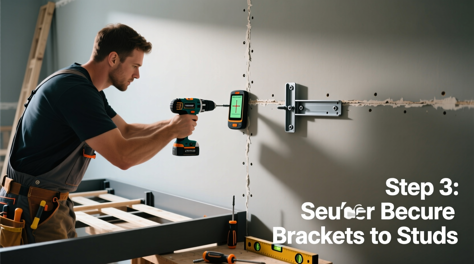 Installing heavy-duty wall brackets for floating bed frame with stud finder