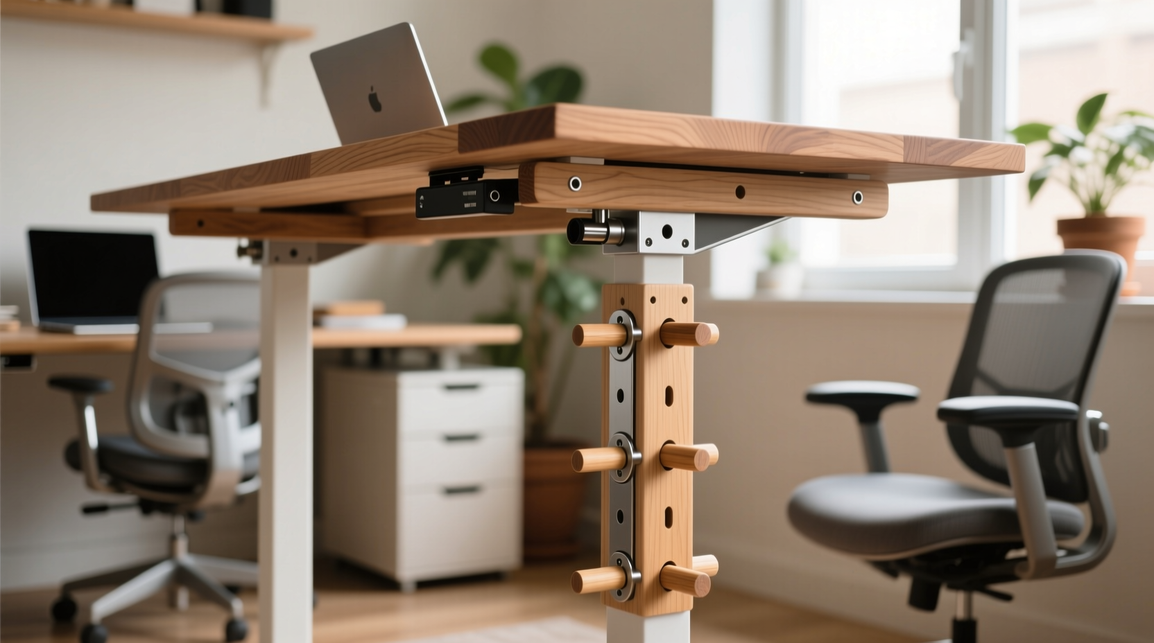 DIY standing desk construction showing adjustable peg system