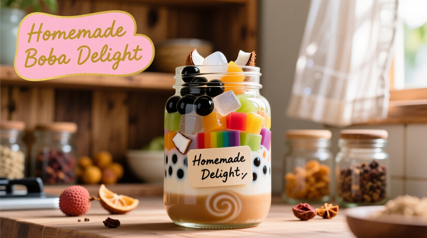 Colorful homemade boba varieties in glass jar