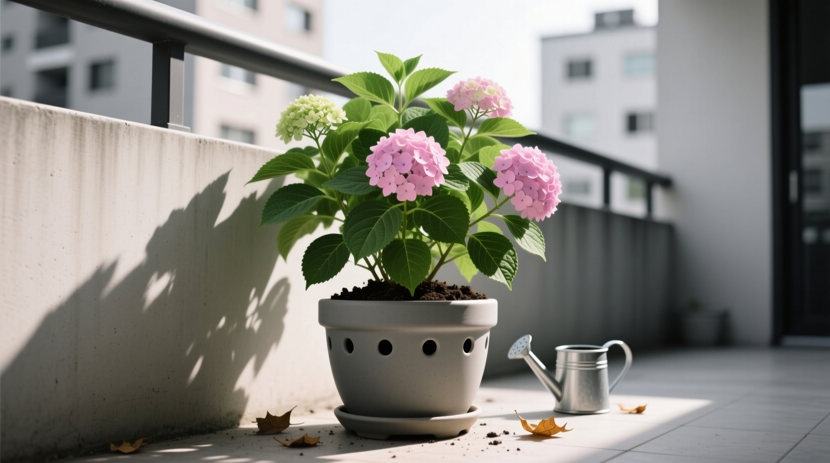 June container gardening mistake: hydrangeas in full sun zones 7+ showing leaf scorch despite proper watering