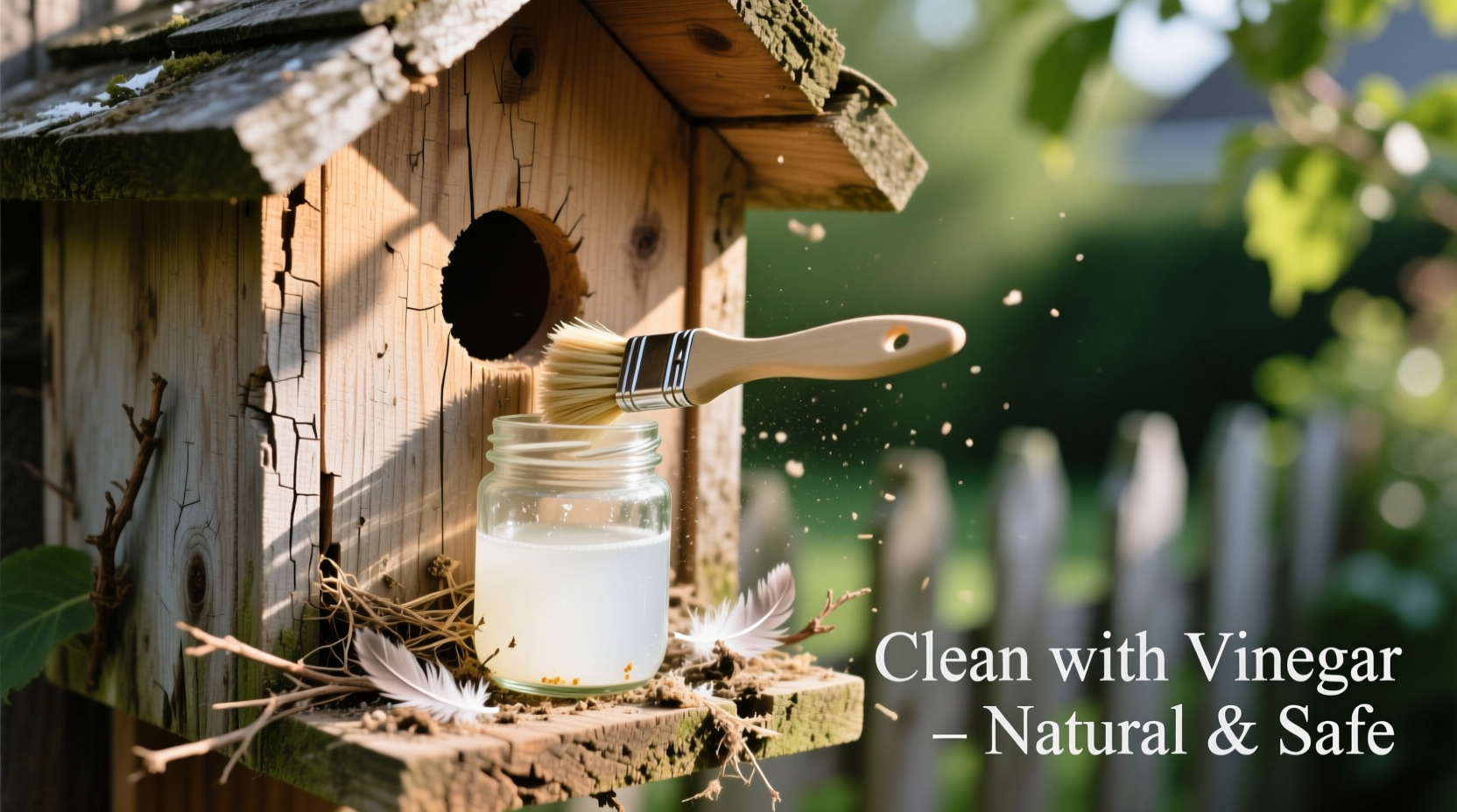 Cleaning birdhouse interior with vinegar solution