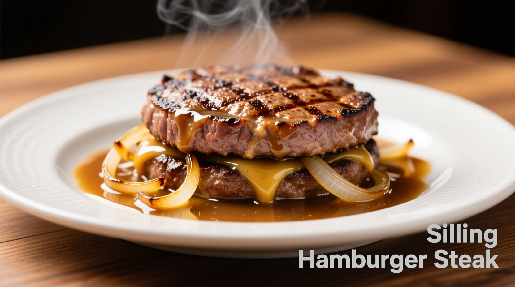 Sizzling hamburger steak with golden onion gravy