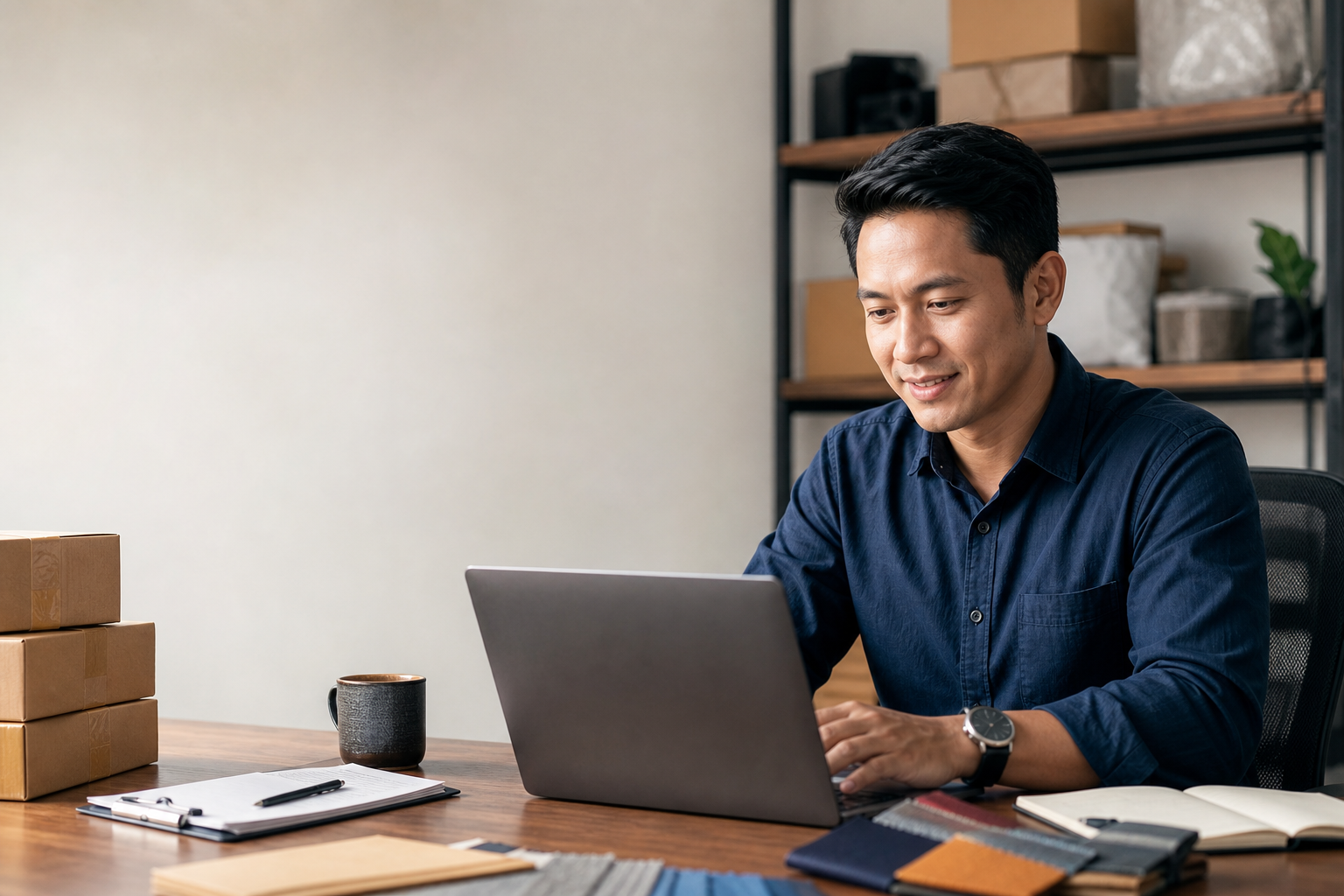 Illustrative Indonesian export sales professional working on buyer inquiries at a laptop