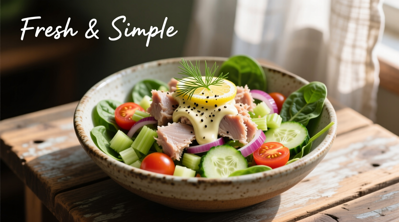Homemade tuna salad in bowl with fresh ingredients