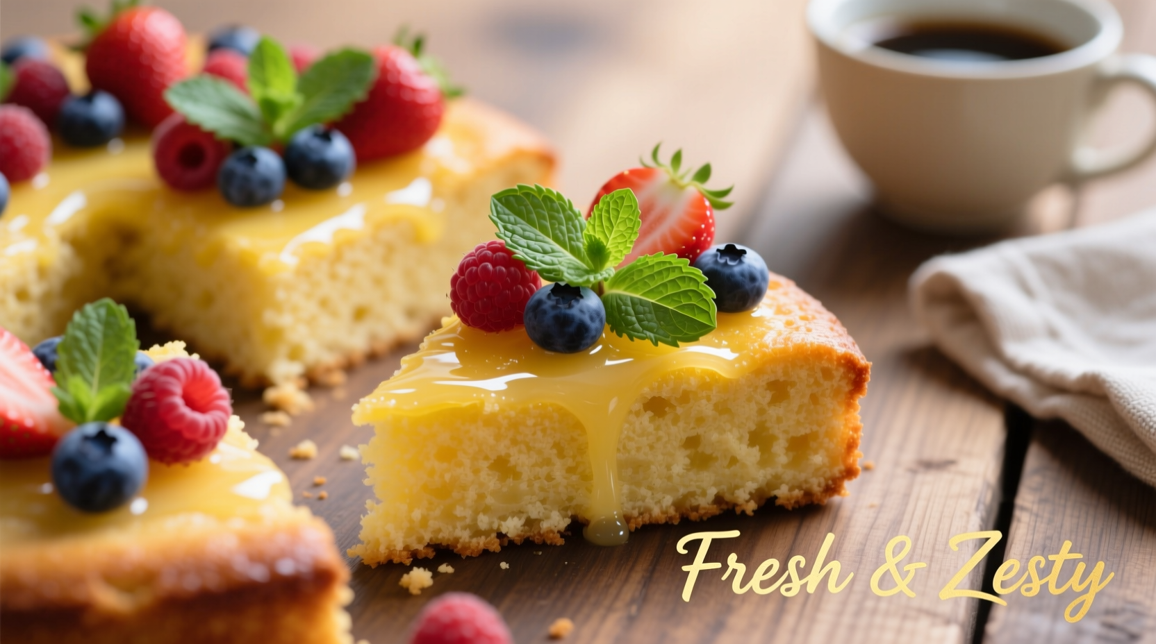 Homemade lemon cake slices with fresh berries and mint