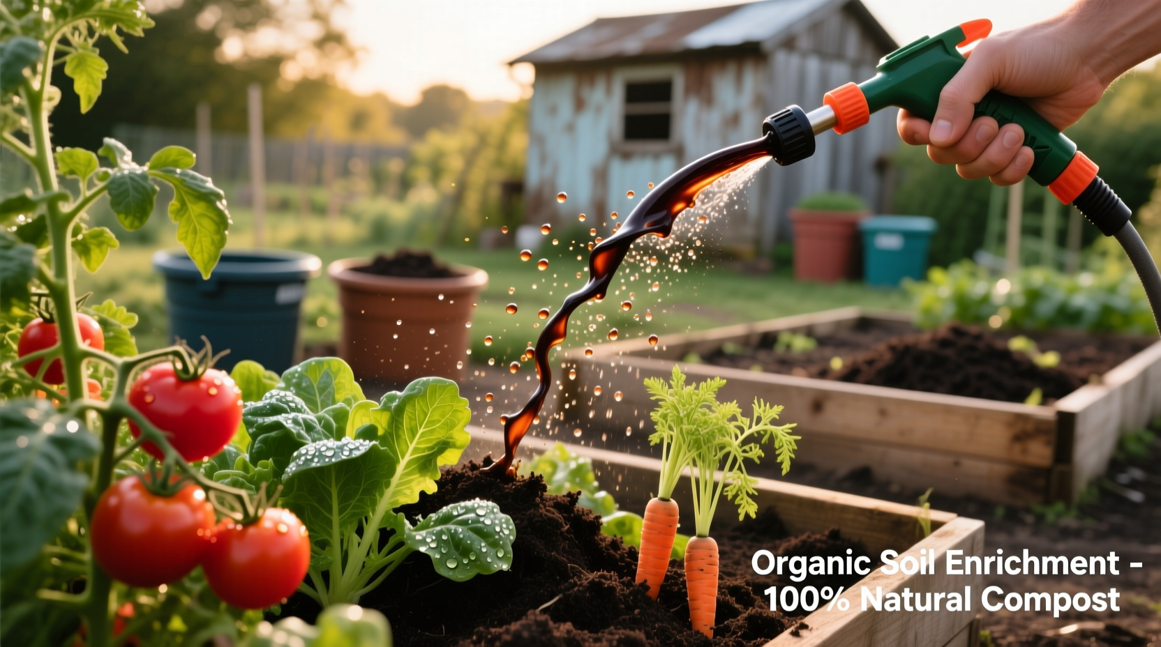 Liquid compost application on vegetable garden