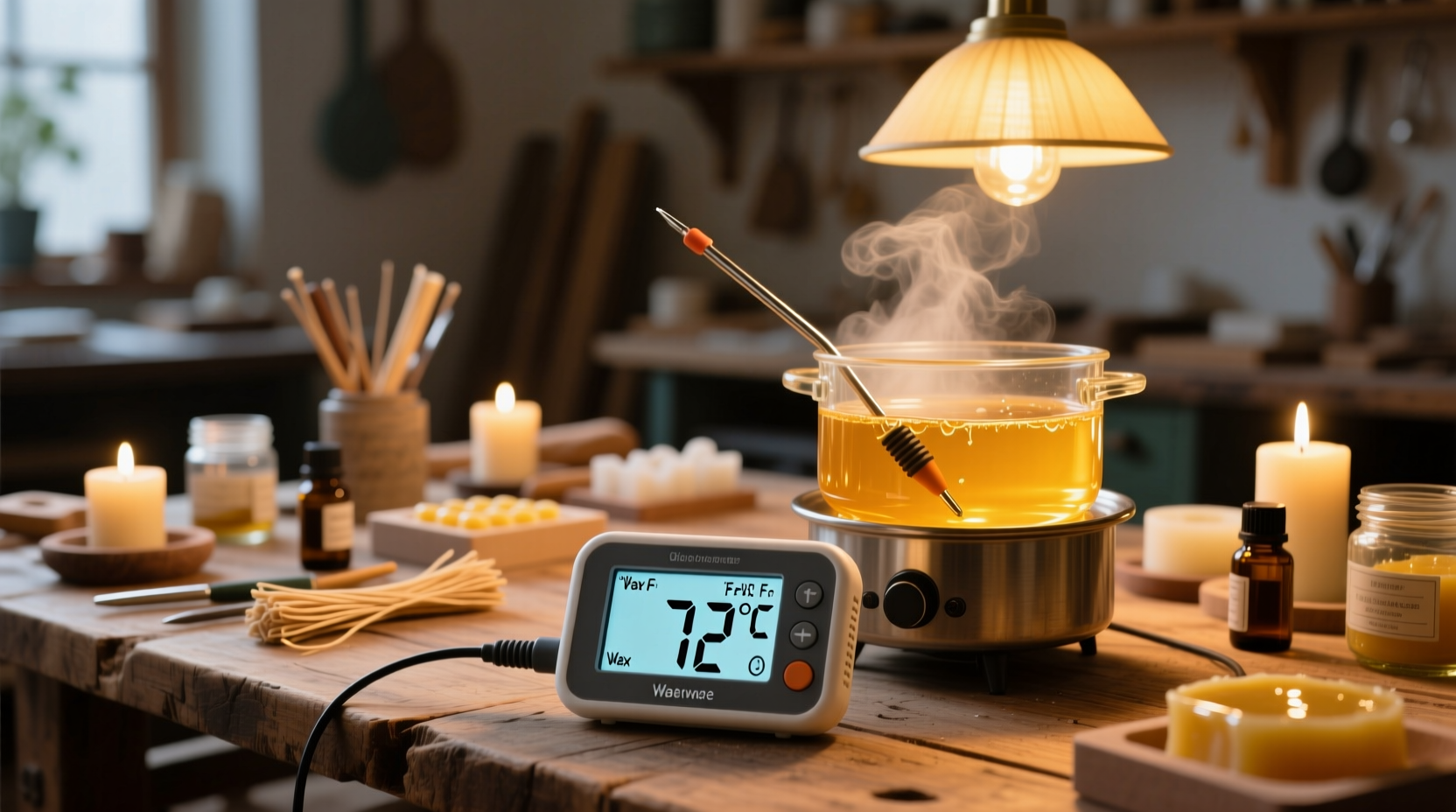 Thermometer showing precise wax temperature for candle making