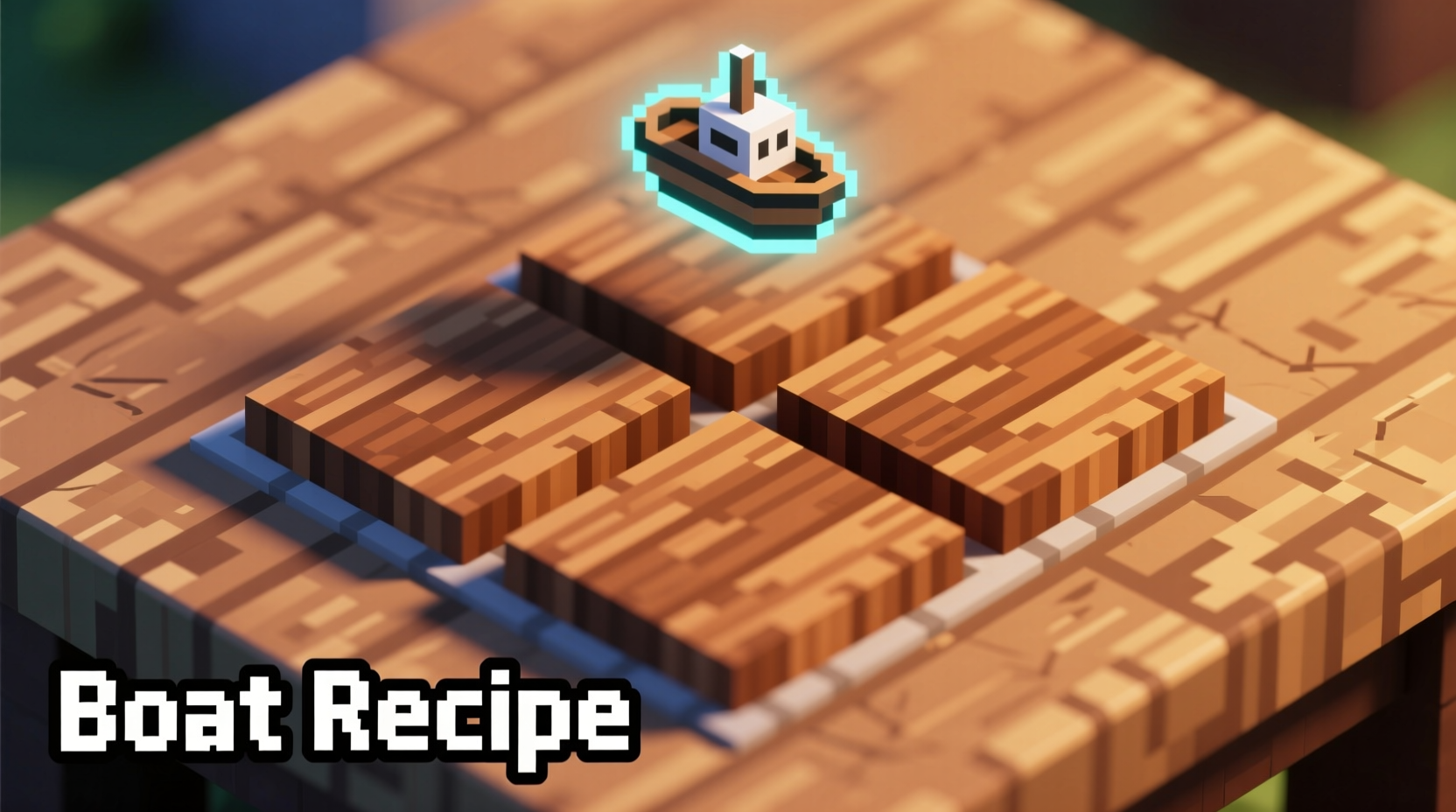 Minecraft crafting grid showing boat recipe with oak planks