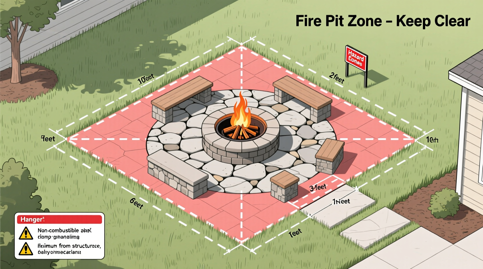 Proper fire pit safety clearance diagram