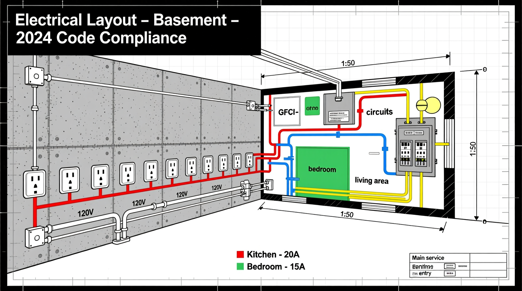 Basement electrical layout showing outlet spacing and circuit mapping