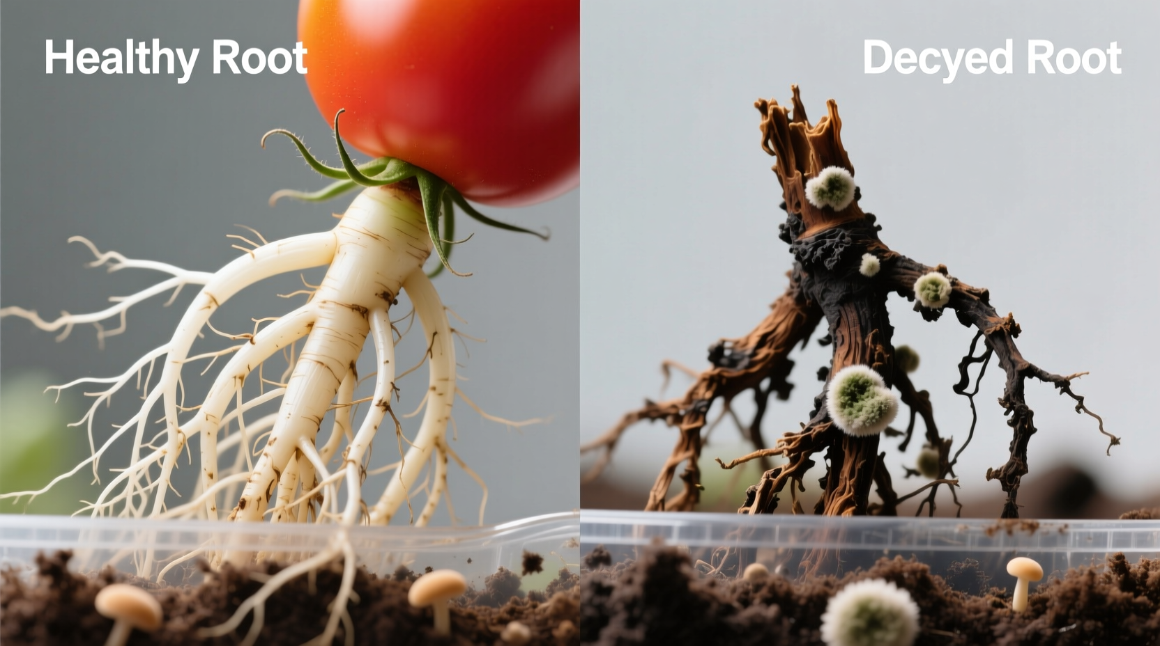 Close-up of healthy tomato roots versus rotten roots