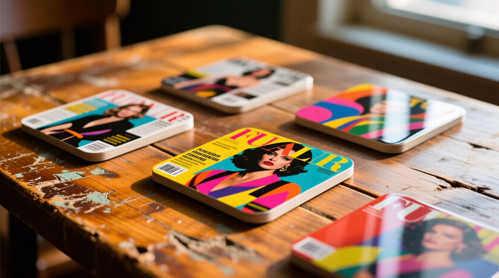 Close-up of colorful magazine coasters on wooden table