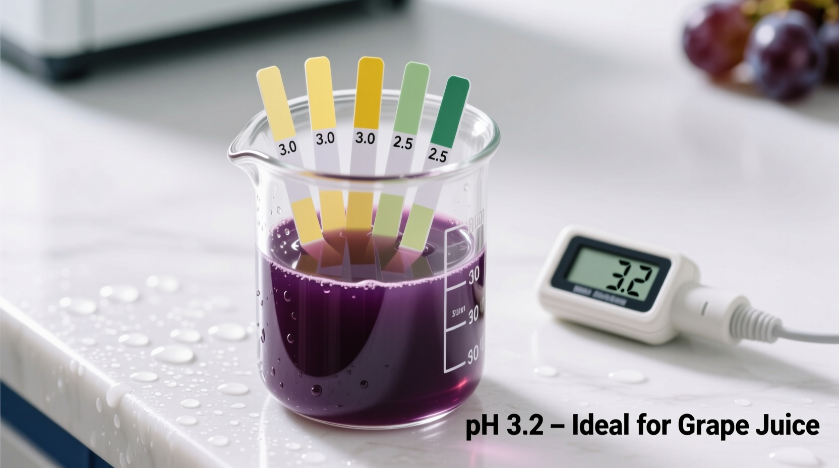 pH test strips showing safe acidity level for grape juice