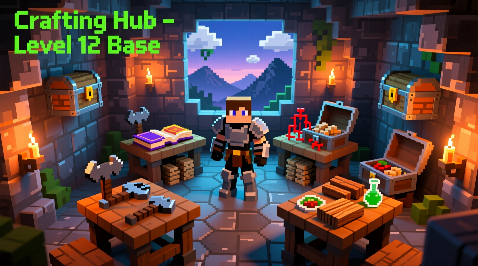 Minecraft player using multiple crafting tables in base