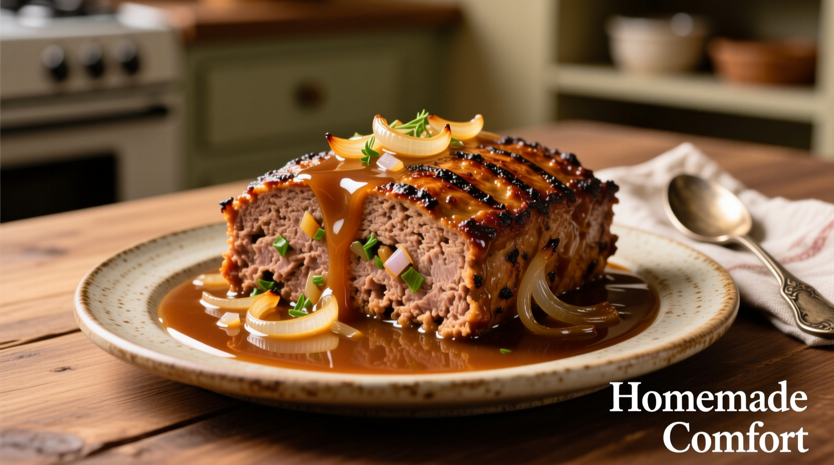 Golden brown meatloaf with onion gravy