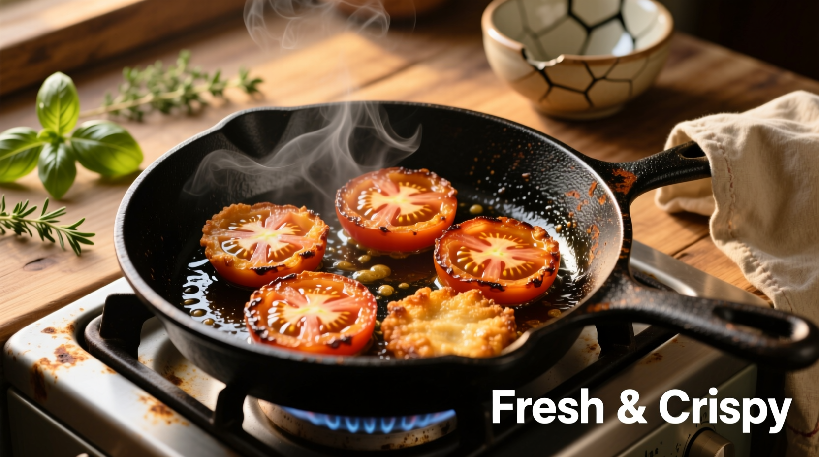 Golden brown fried tomato slices in cast iron skillet