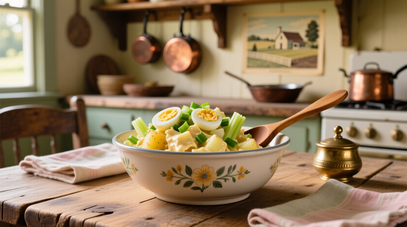 Classic old fashioned potato salad in a vintage bowl