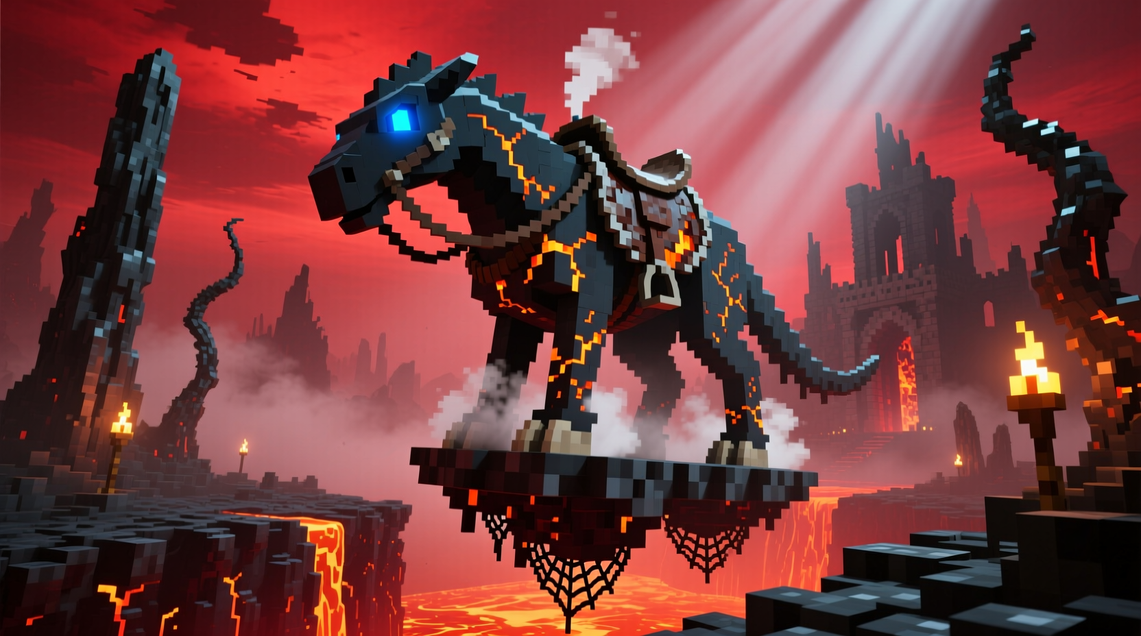 Strider with saddle in Minecraft Nether dimension
