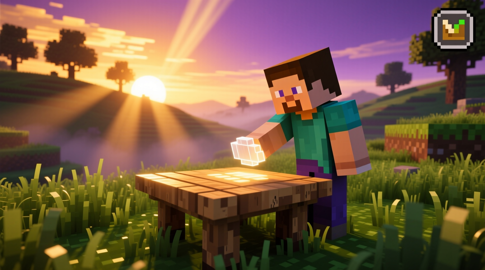Player placing crafting table in Minecraft grass biome at sunset