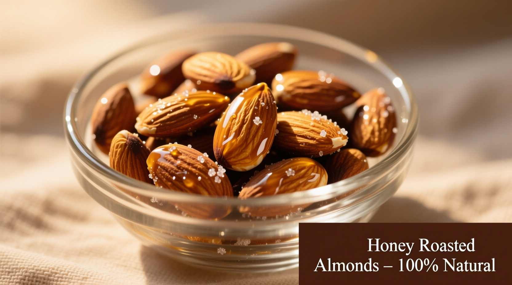 Golden honey roasted almonds in glass bowl