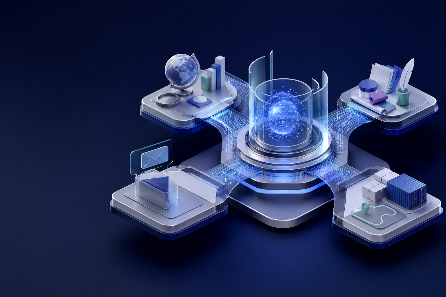 Illustrative AI workstation coordinating market research, content, buyer communication, and operations