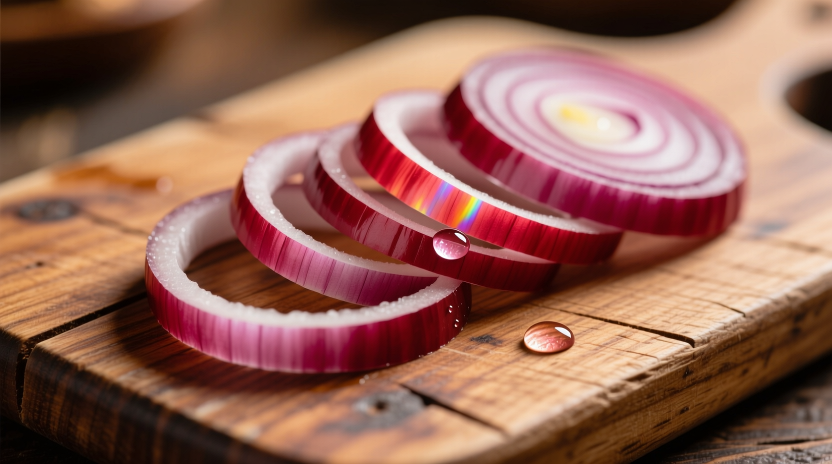 Fresh red onion slices on wooden cutting board