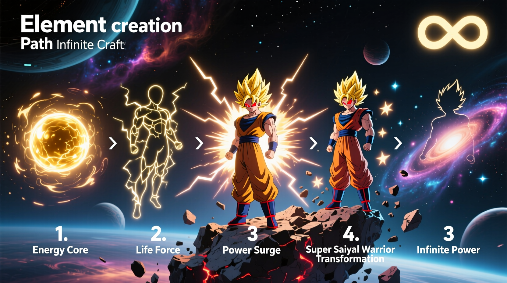 Saiyan element creation path in Infinite Craft with numbered steps