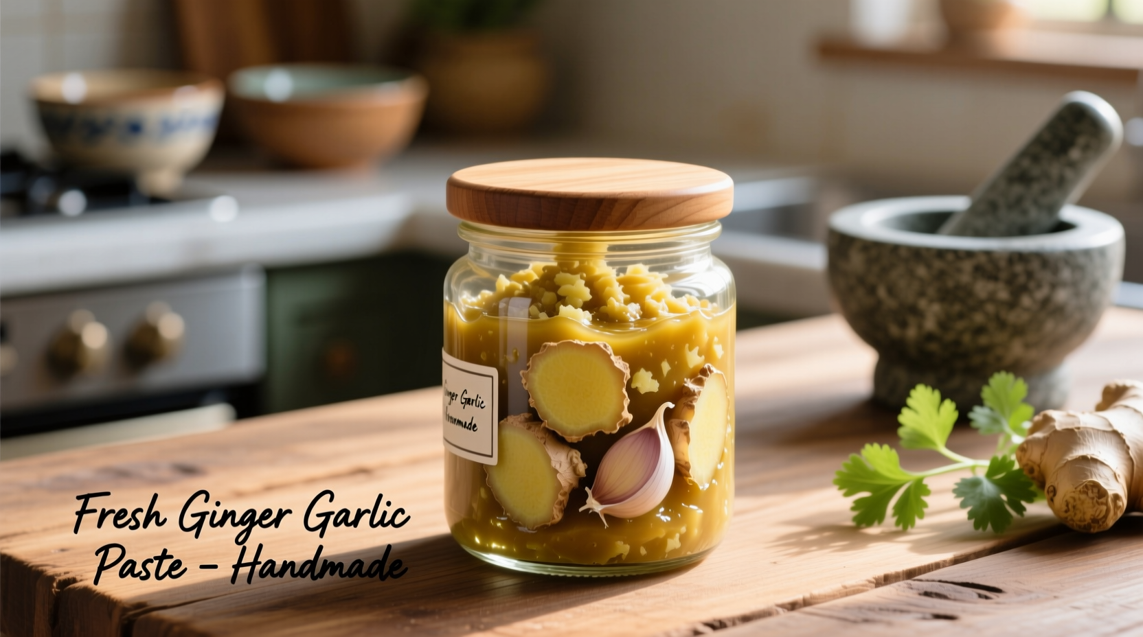 Homemade ginger garlic paste in glass jar with fresh ingredients