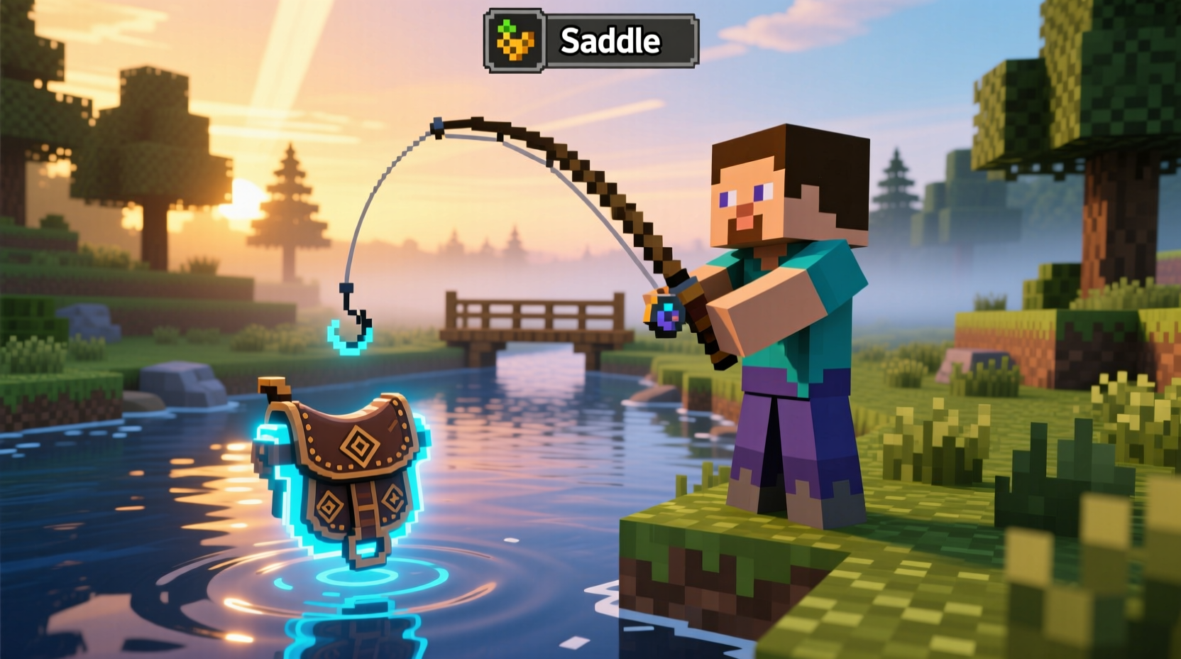 Player fishing for saddle in Minecraft
