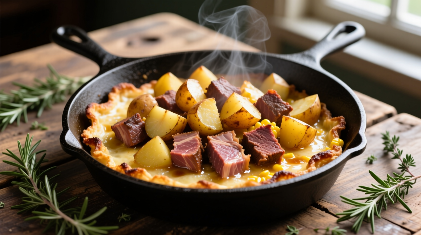 Hand-diced potatoes and corned beef in cast iron