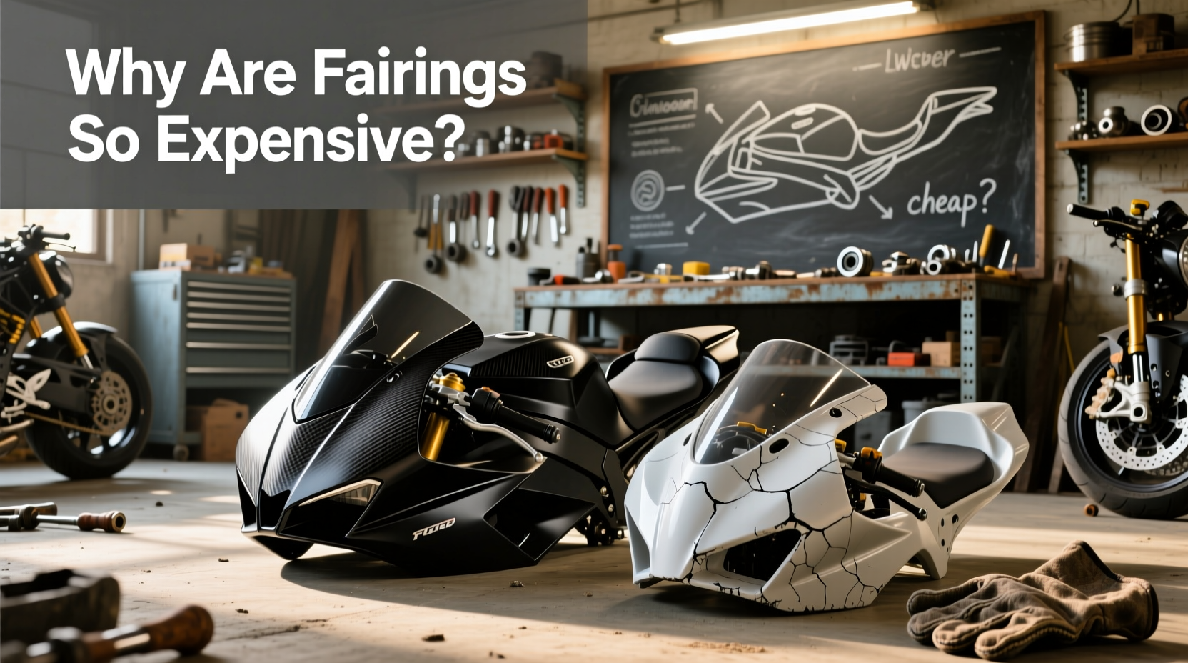 Aftermarket motorcycle fairings displayed in a warehouse setting