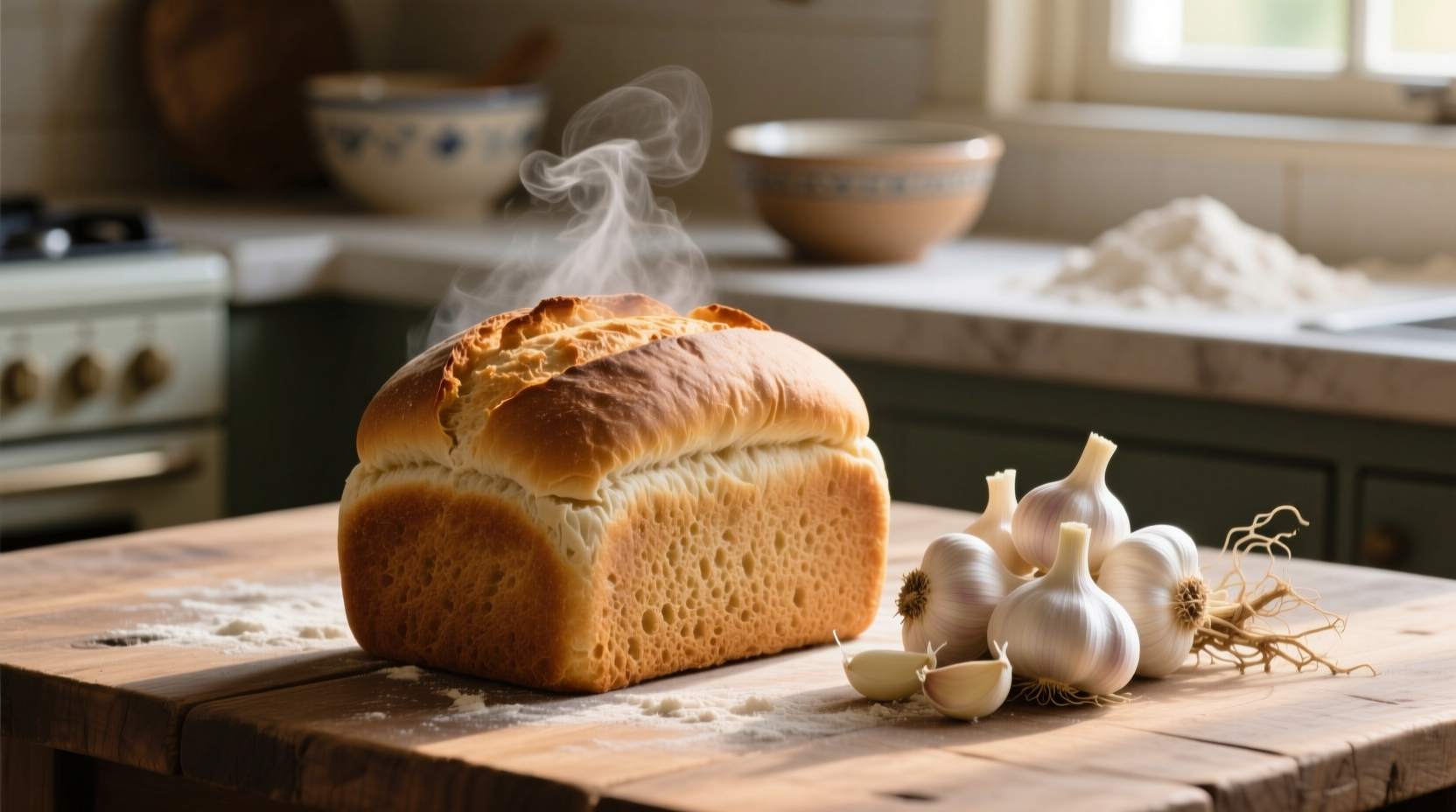 Fresh garlic cloves next to finished bread machine loaf