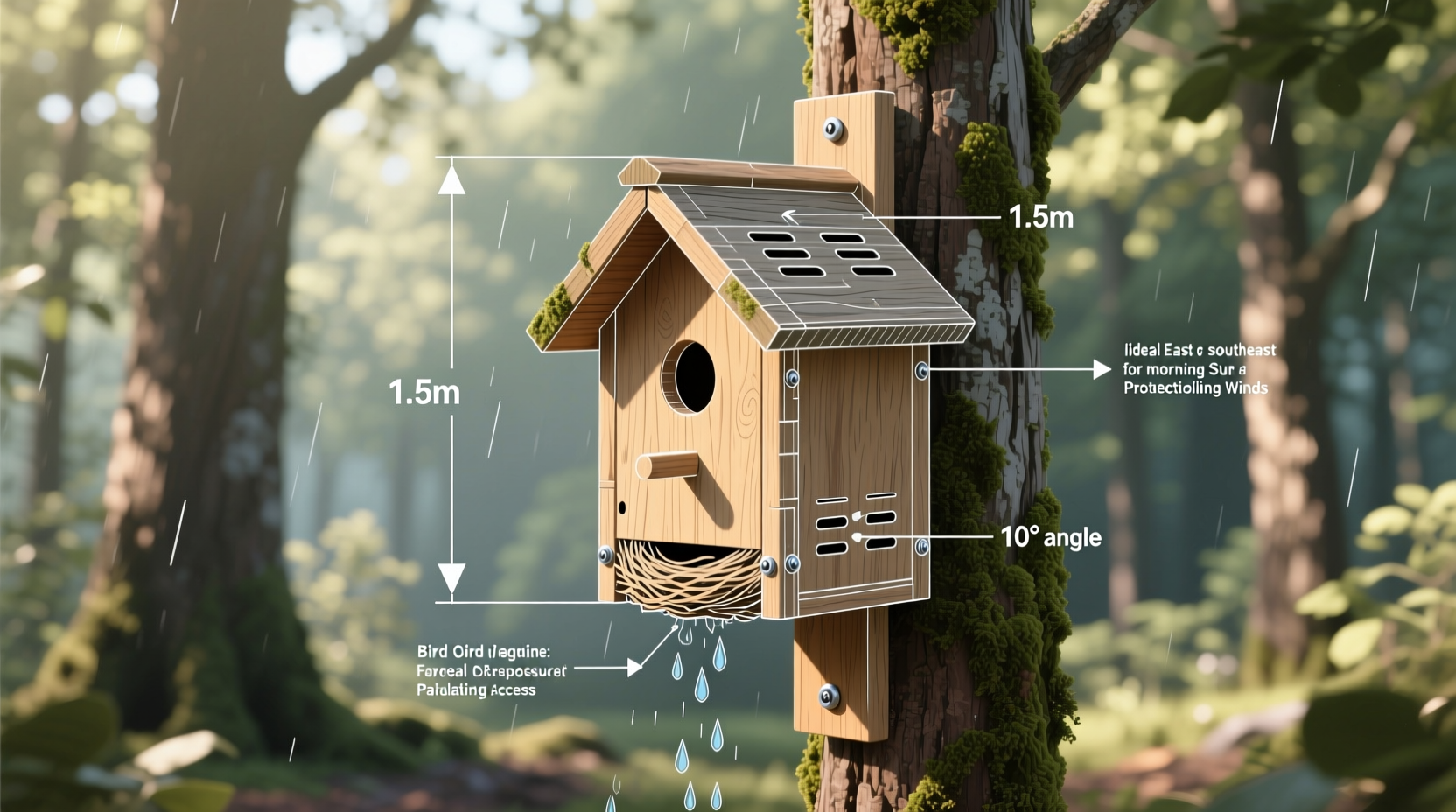 Bird nest box placement diagram showing optimal angles and heights