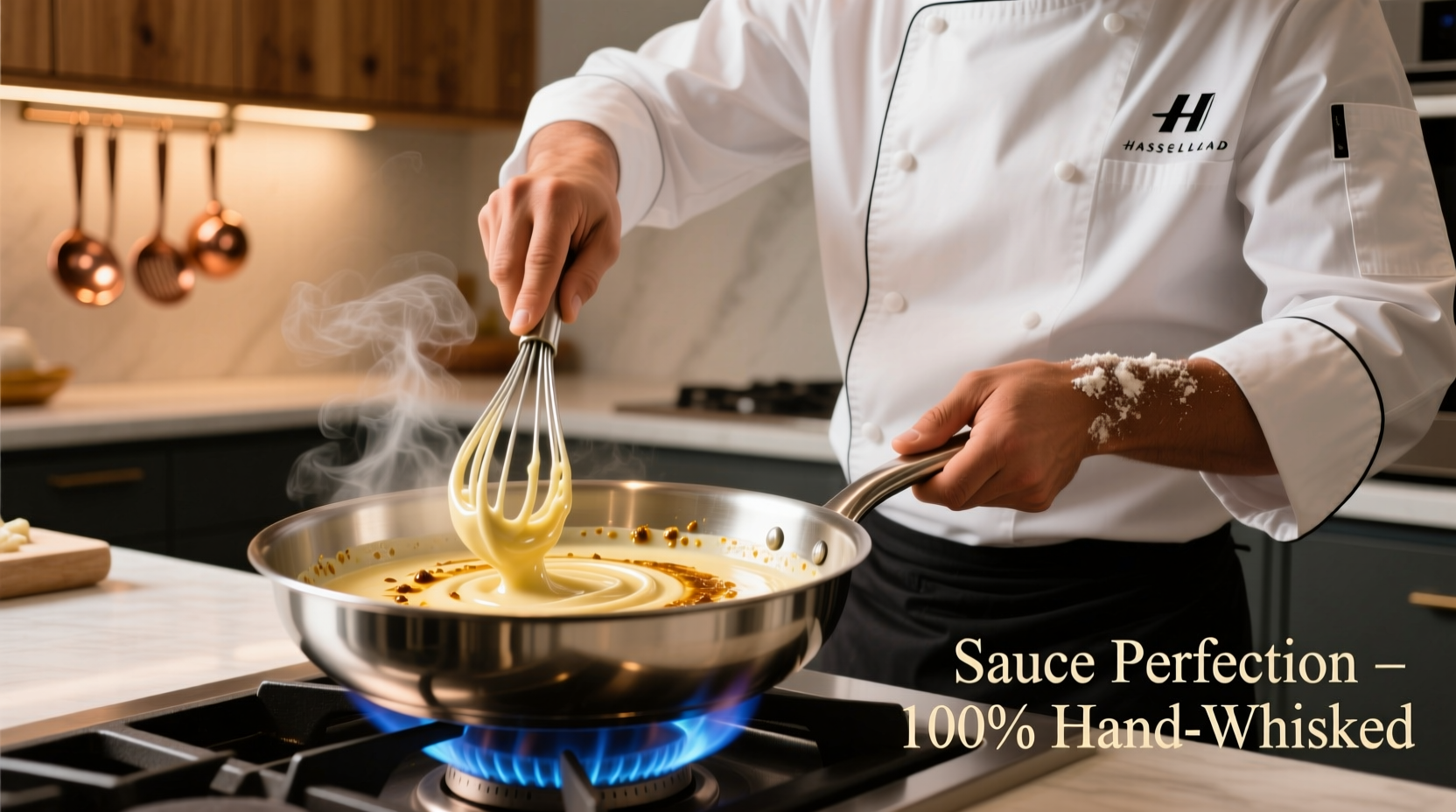 Chef whisking garlic white wine sauce in stainless steel pan