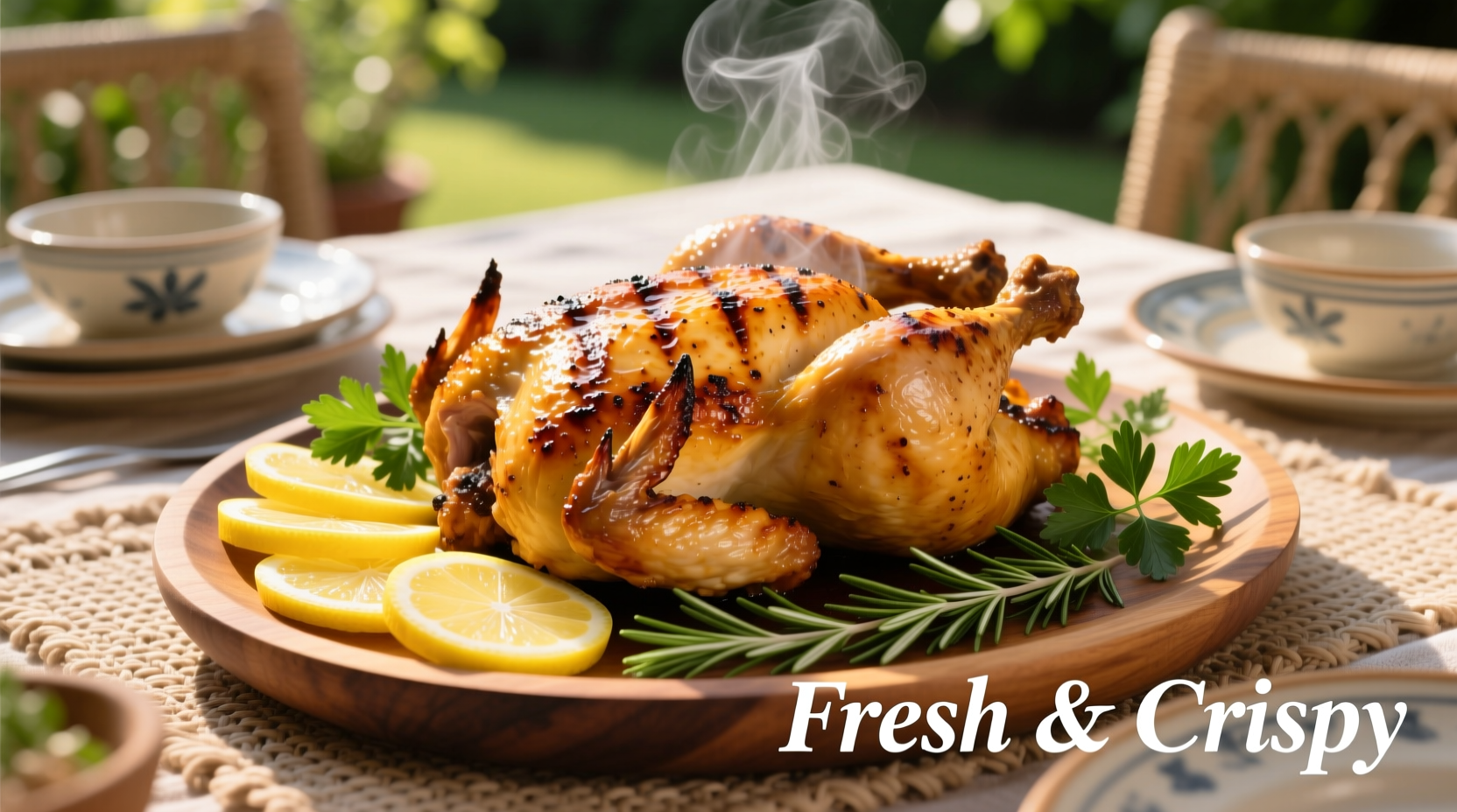 Golden grilled chicken with lemon slices and fresh herbs