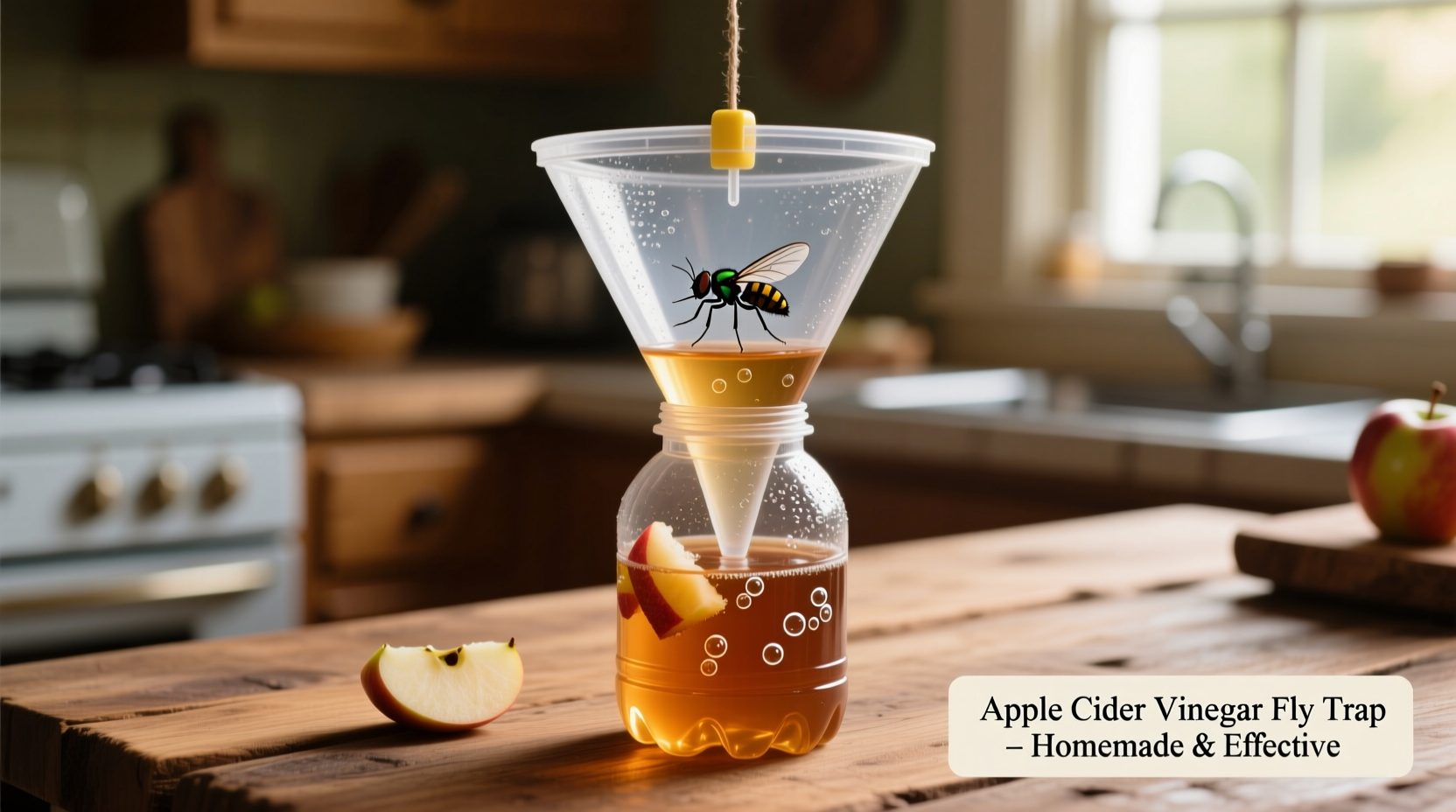 Homemade fly trap made from plastic bottle and apple cider vinegar