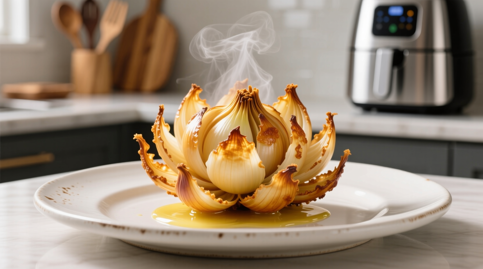 Crispy golden air fryer blooming onion on plate