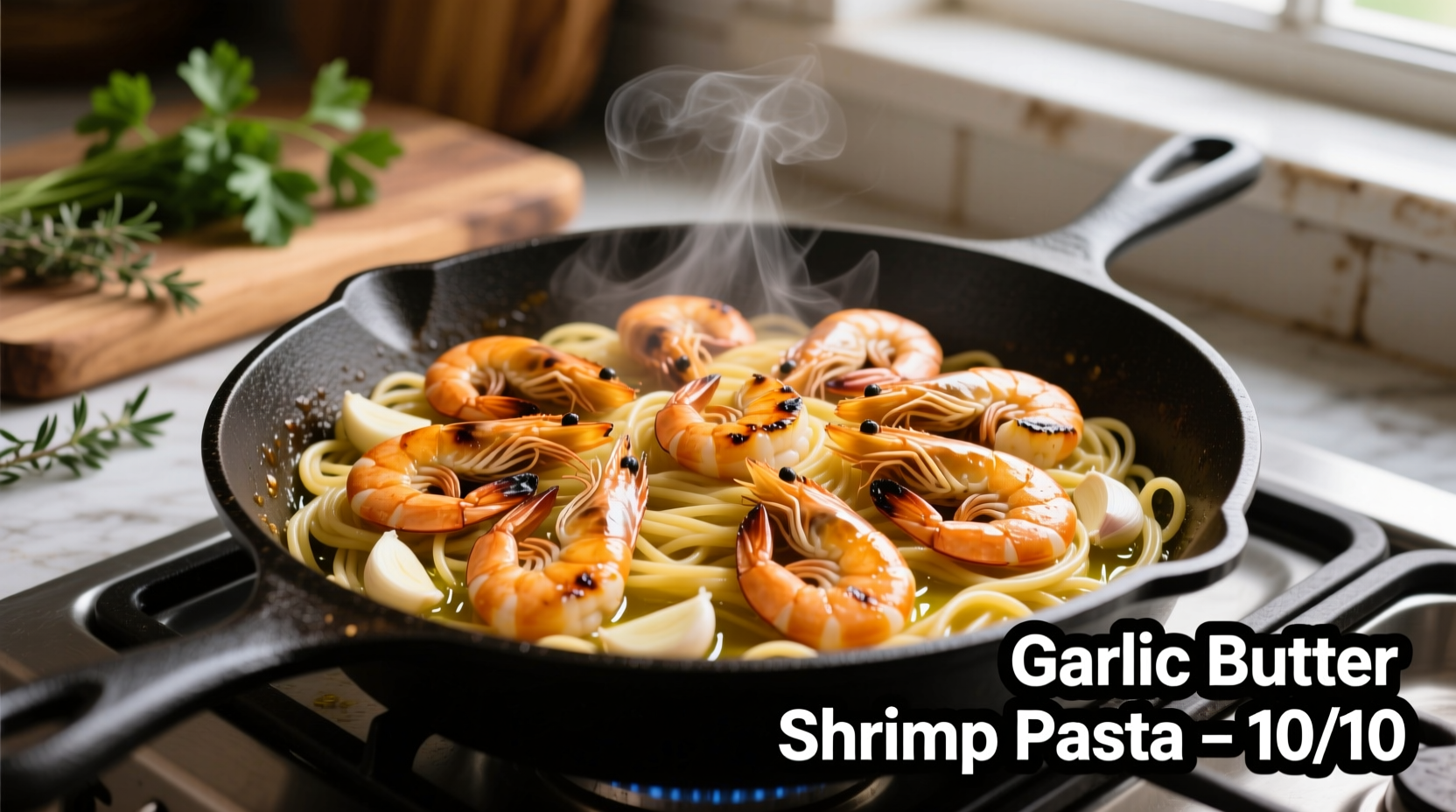 Perfectly cooked shrimp for pasta in skillet with garlic