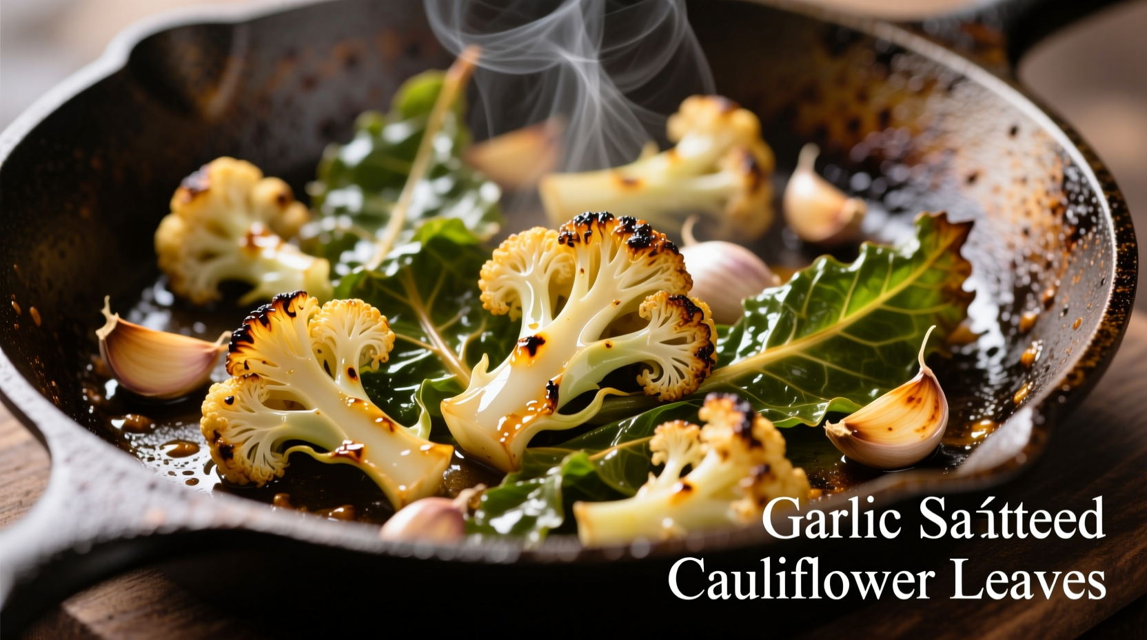 Sautéed cauliflower leaves with garlic in cast iron skillet