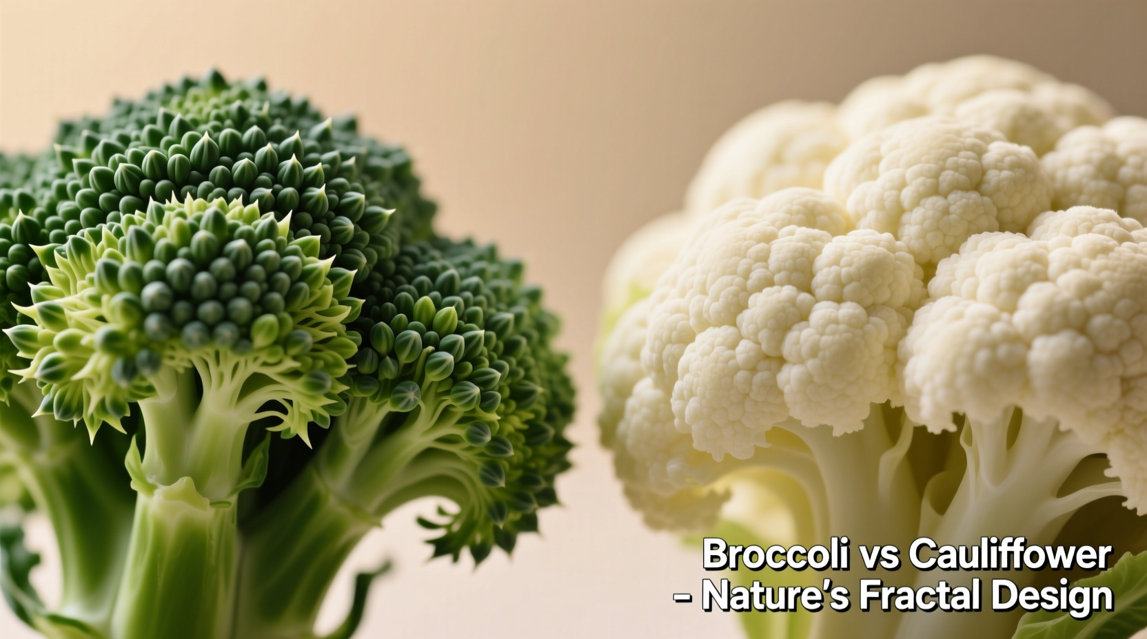 Close-up comparison of broccoli florets and cauliflower head