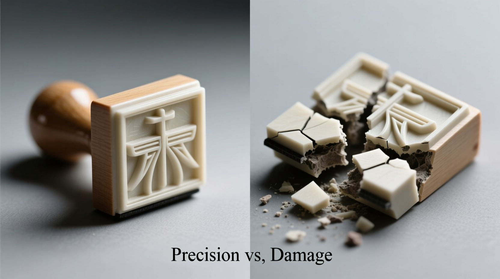 Comparing properly carved stamp versus broken design elements