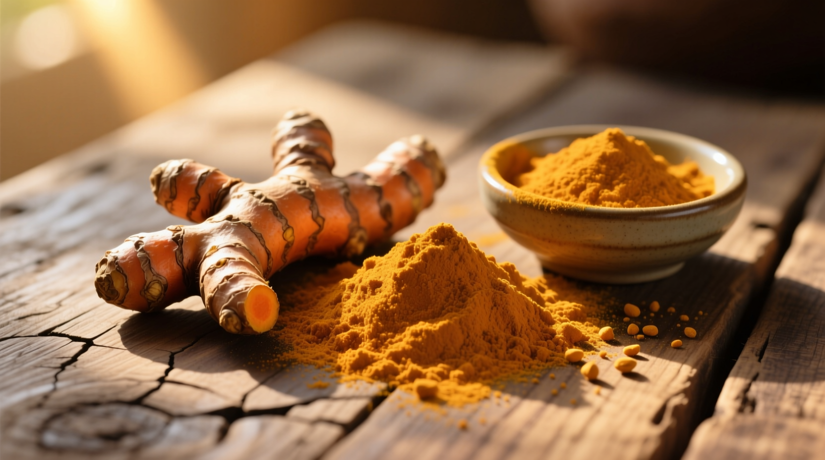 Turmeric root and powder on wooden table