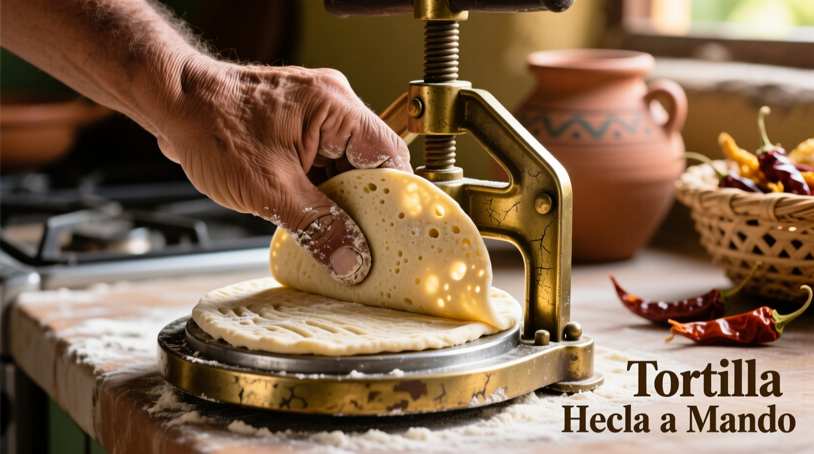 Hand pressing corn tortilla dough in tortilla press