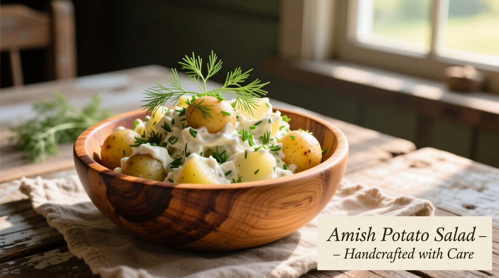 Amish potato salad in wooden bowl with fresh dill