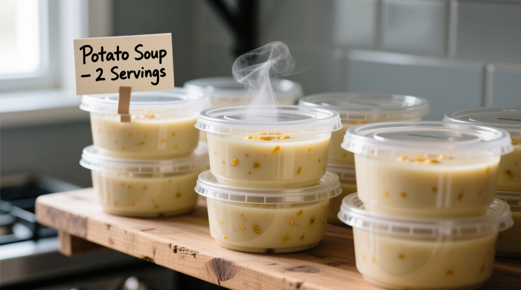 Properly portioned potato soup in labeled freezer containers